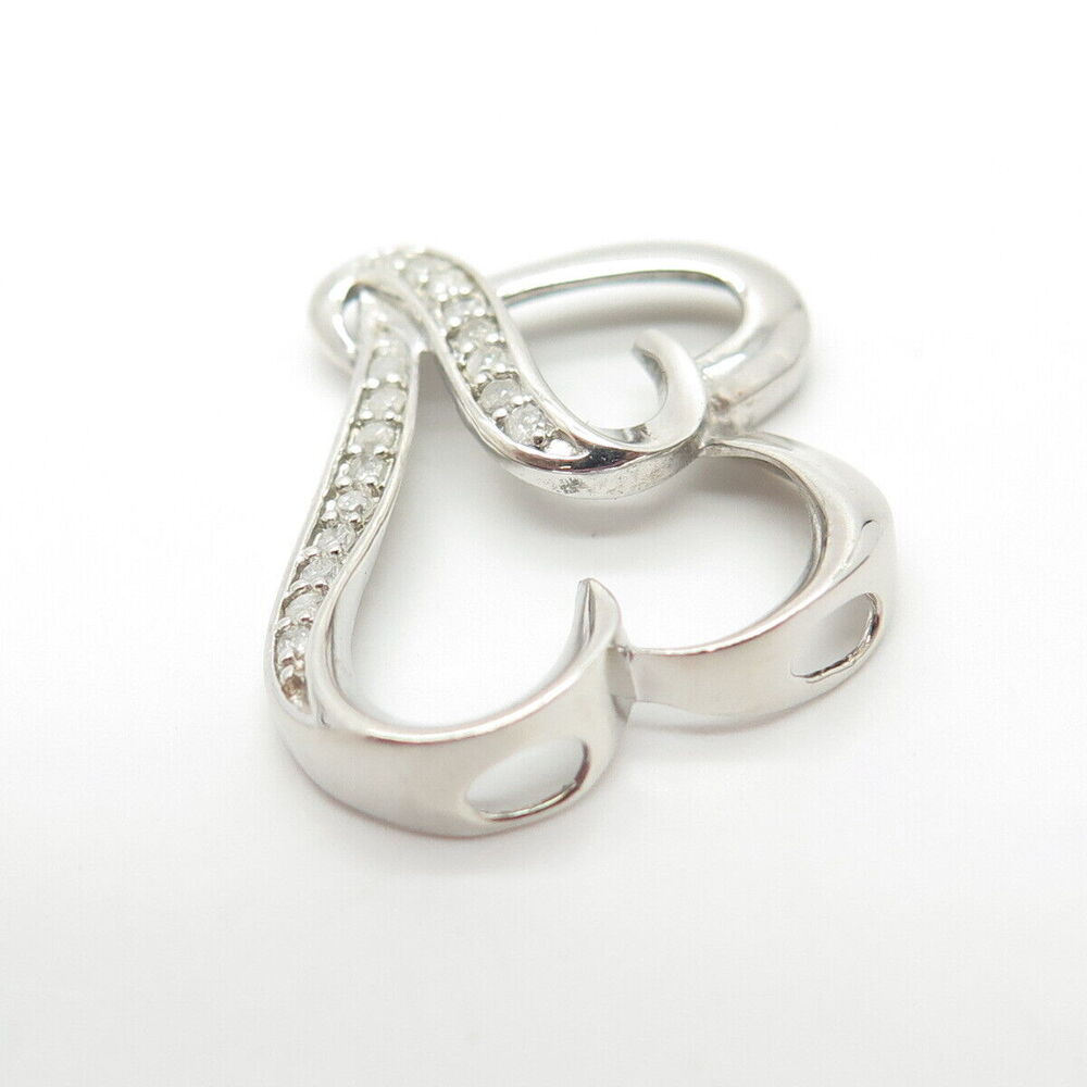 925 Sterling Silver Real White Diamond Couple of Hearts Pendant - Picture 6 of 8
